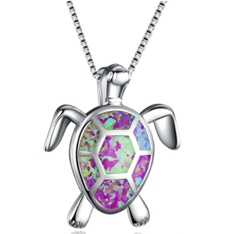 Sea Turtle Pendant Necklace with Opal Inlay | Blue, Green, White or Purple Shell | Ocean Beach Jewelry Gift