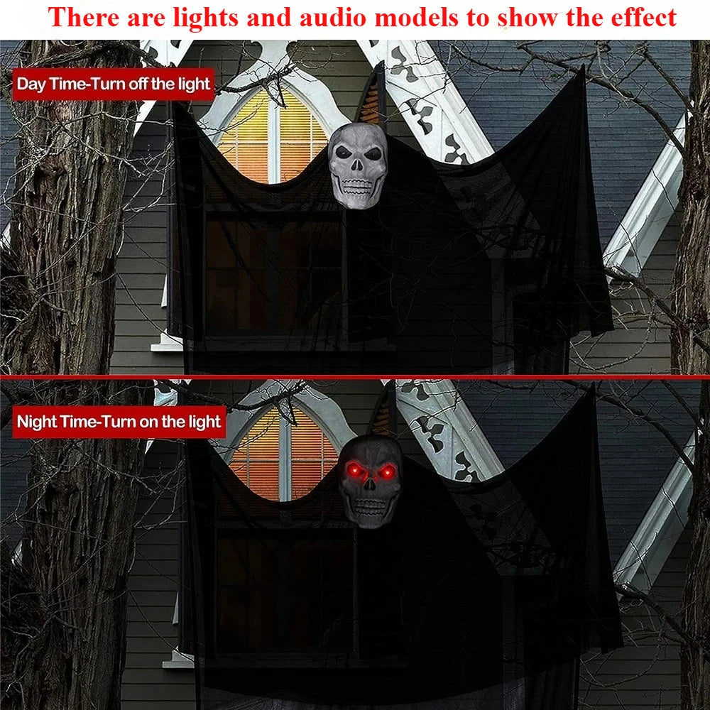 Close up of the skeleton skull face on the hanging ghost decoration