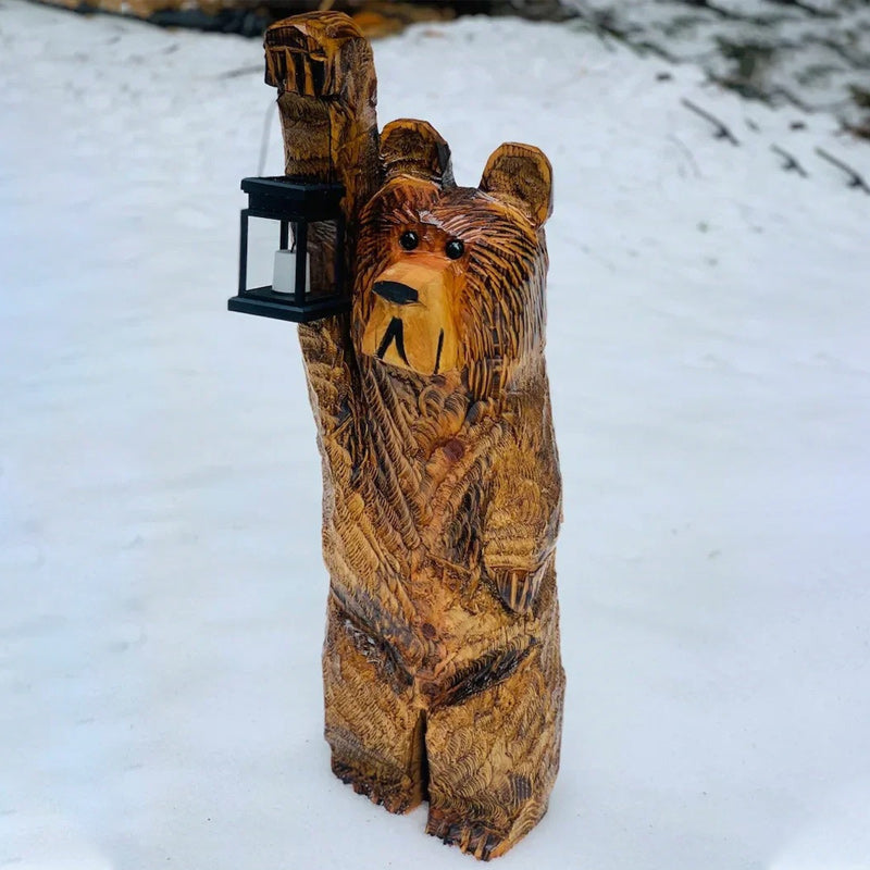 Carved Bear Garden Statue with Solar Lantern | Resin Figure That Flickers Like a Real Candle at Dusk | 20 cm Tall