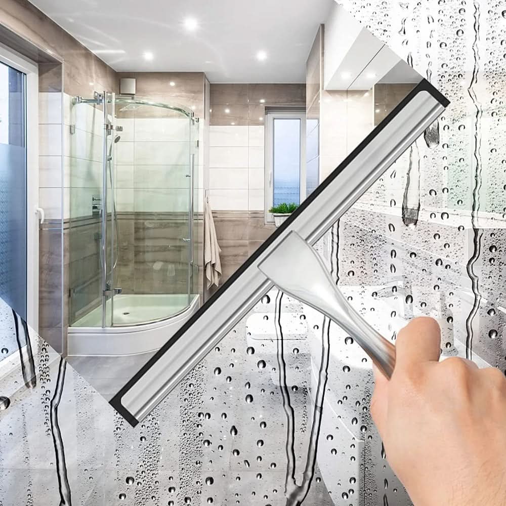 Stainless Steel Shower Squeegee with Silicone Blade | Streak-Free Cleaning for Glass & Tile | Ergonomic Grip with Storage Hook