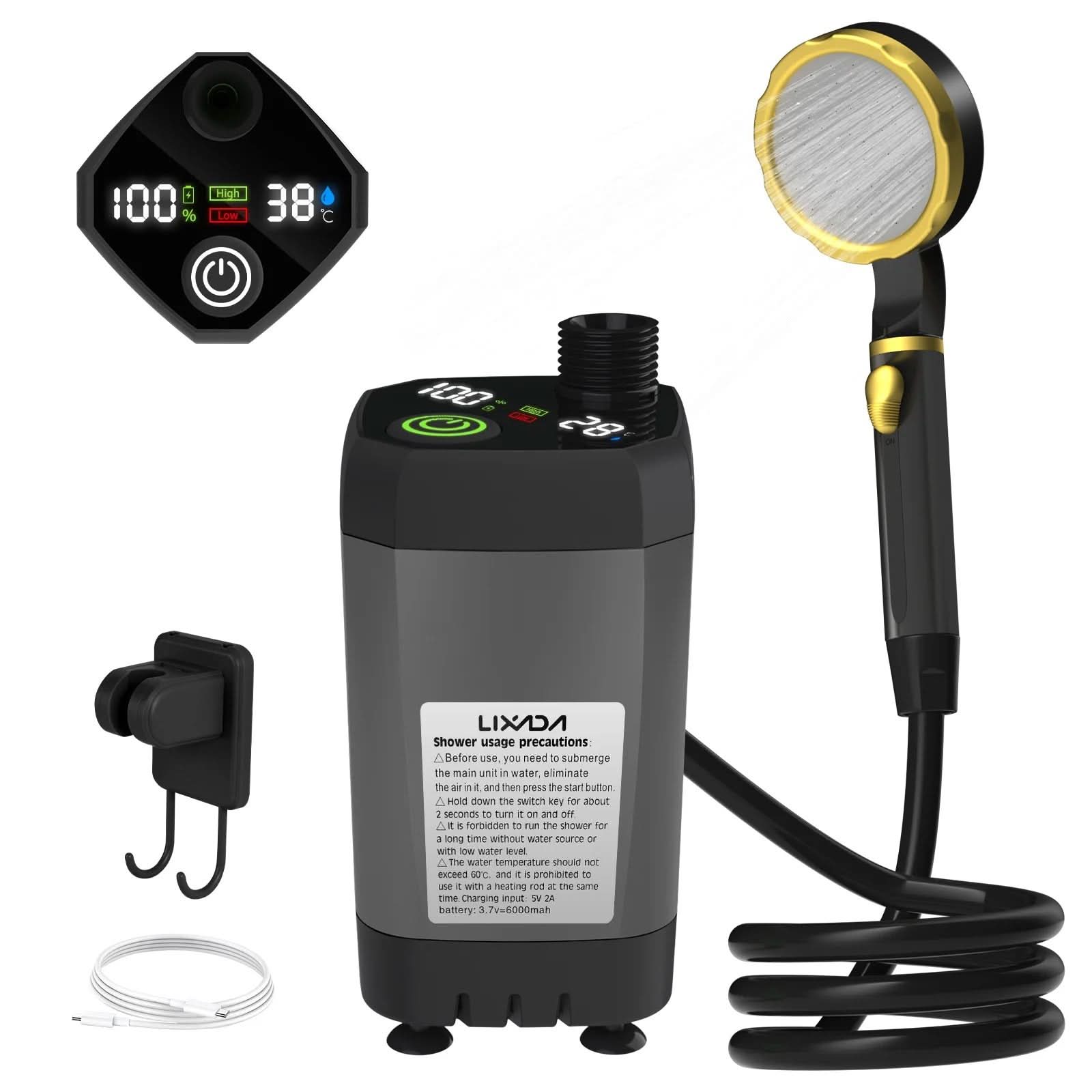 Portable Camping Shower Pump | Rechargeable 6000mAh, Pressure-Boost Head | Digital Display for Outdoor Showers