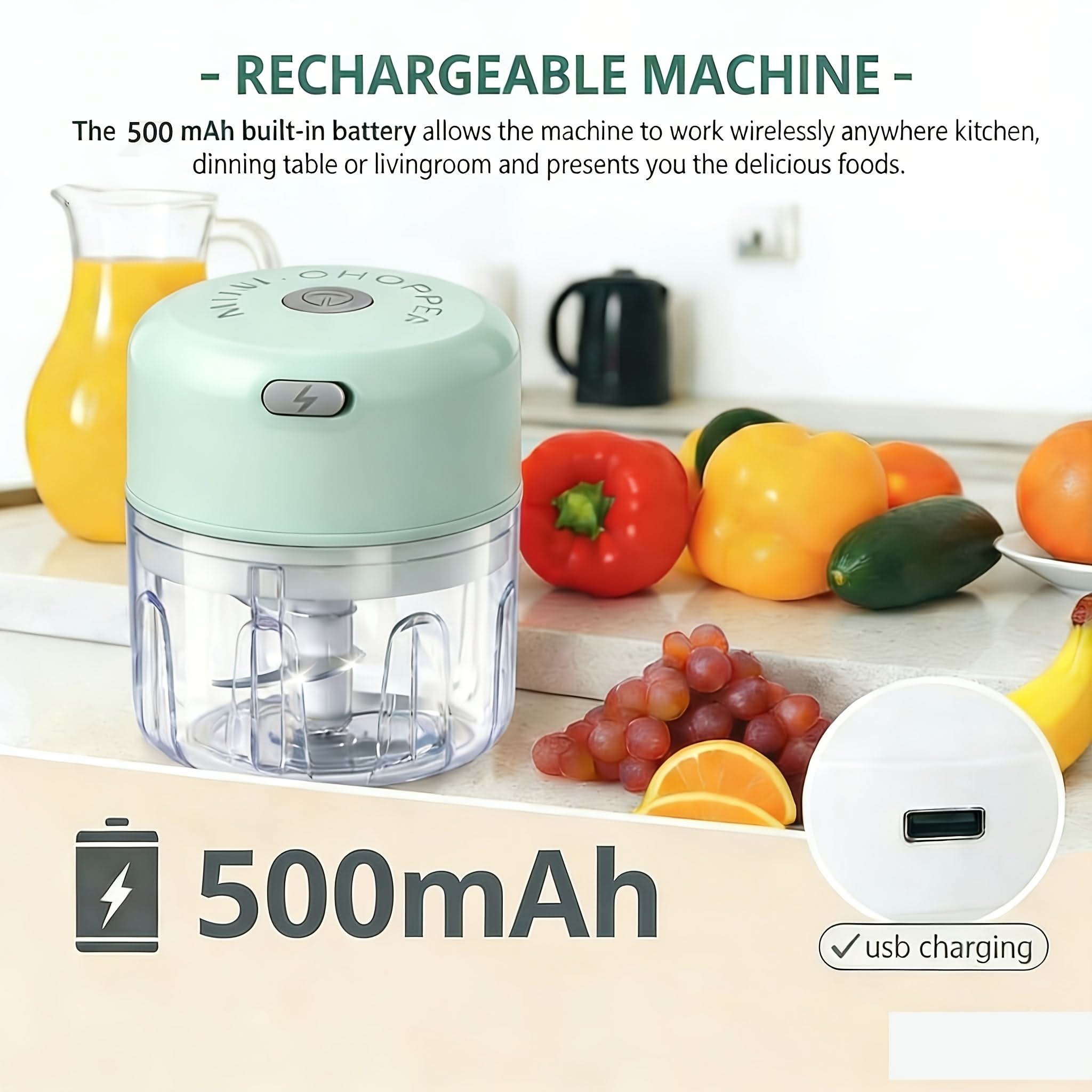 Electric Mini Food Chopper 250ml | USB Rechargeable | Green, White & Pink | One-Touch Chopping for Veggies, Meat & More