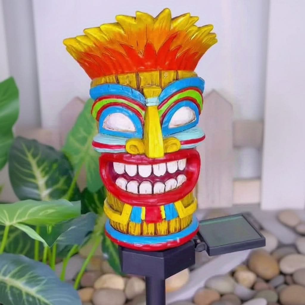 Solar Tiki Totem LED Garden Stake Light 17.9 In | Warm Glow, Light-Sensor Auto On | Tropical Patio & Party Decor