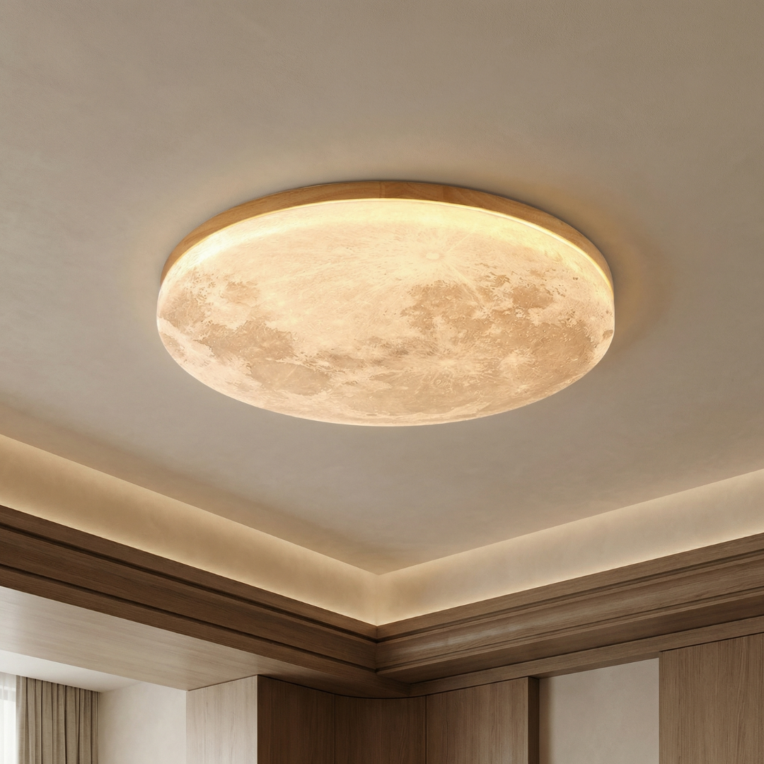 Moon Ceiling Light Flush Mount Wood Finish