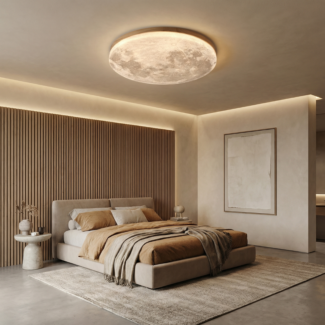 Moon Ceiling Light Flush Mount Wood Finish
