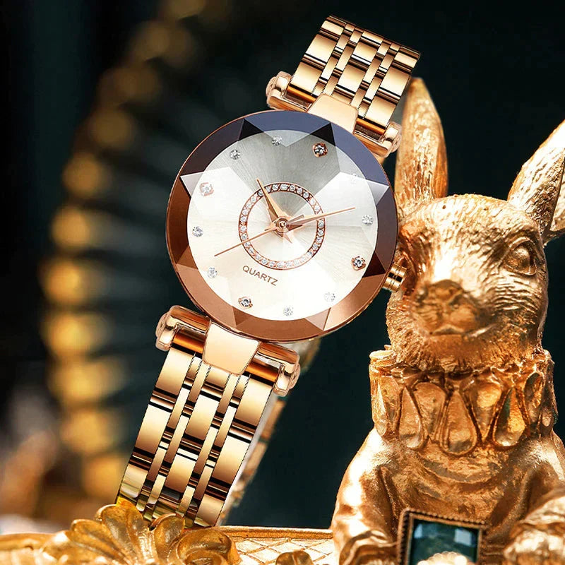 Quartz Wristwatch for Ladies with Starry Simulated Diamond Dial | Stainless Steel Case and Bracelet | 4 Colors