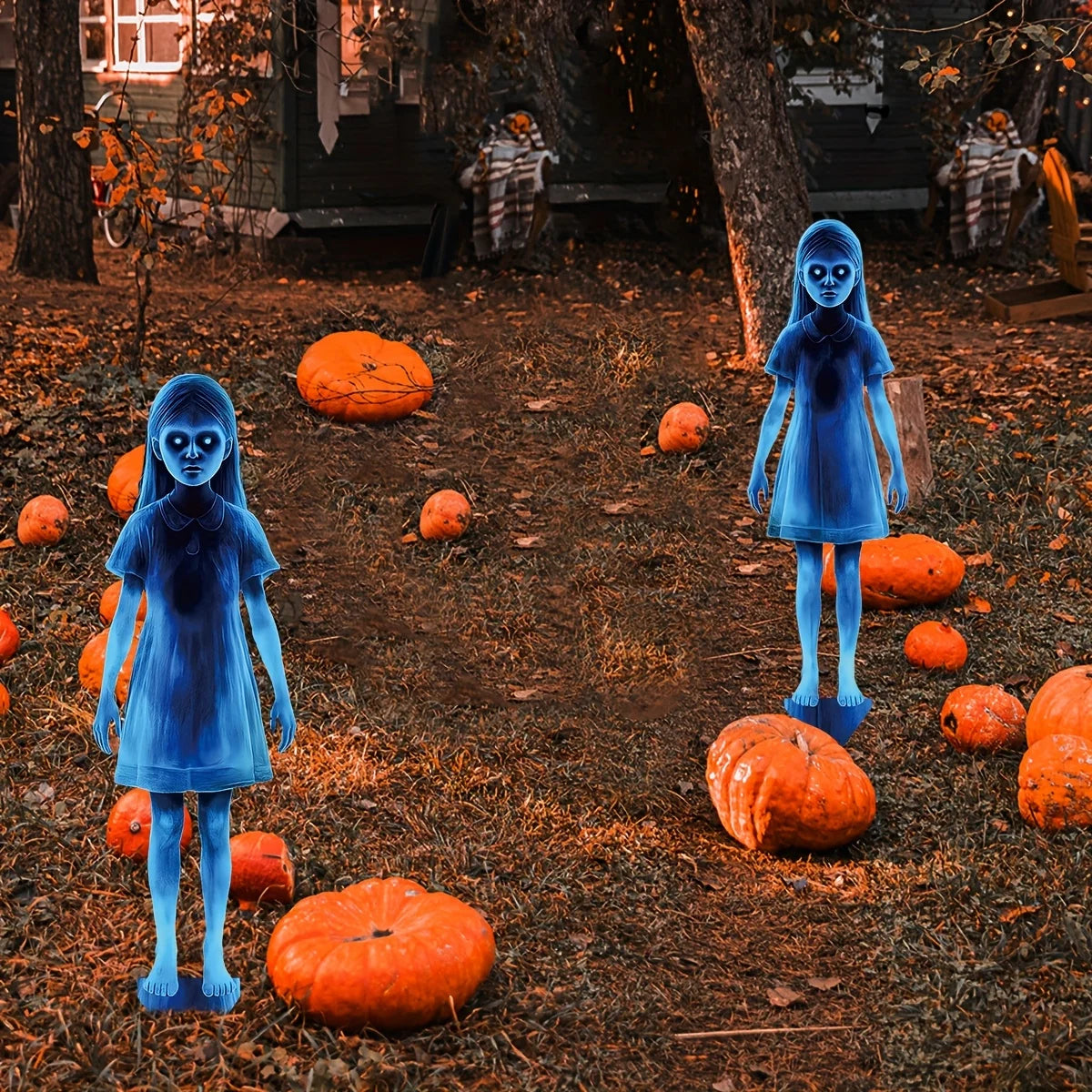 Twin ghost silhouette outdoor Halloween decoration in metal