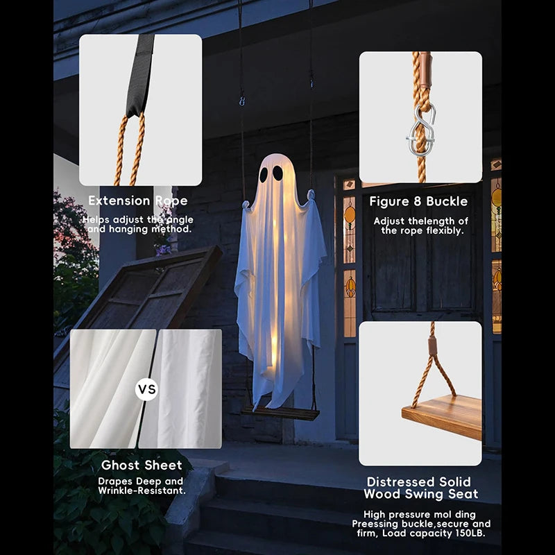 Fabric ghost decoration with LED string lights and wooden swing