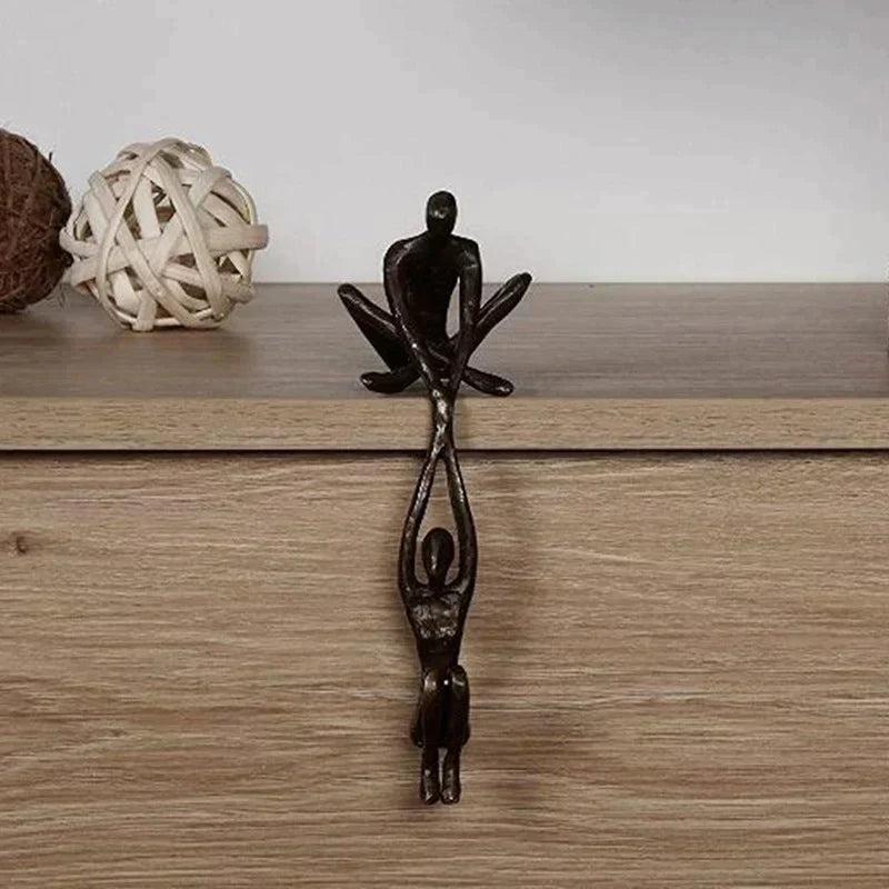 Metal Art Bronze Sculpture of Two Figures | Hanging Shelf Ornament for Living Room or Entryway | Love and Strength