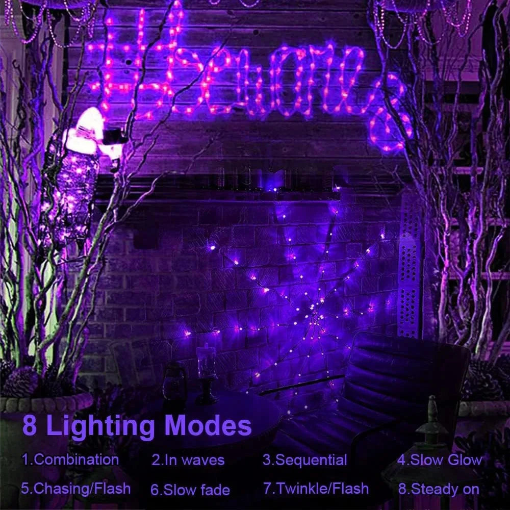 Halloween Spider Web Light | 70 LEDs With 8 Modes In Purple Or Orange | IP65 Waterproof With Bendable Black Spider