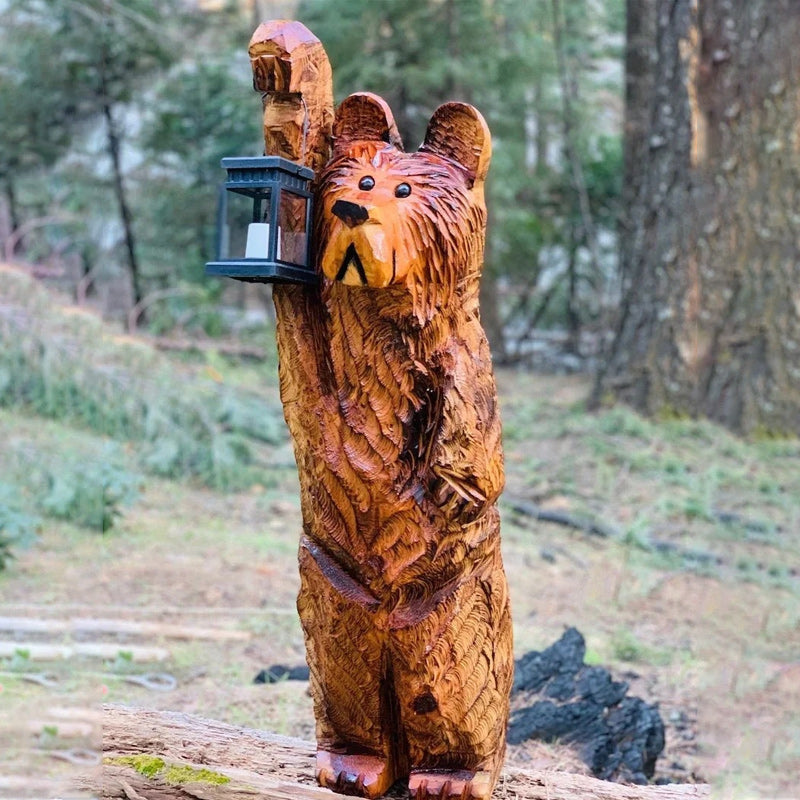 Carved Bear Garden Statue with Solar Lantern | Resin Figure That Flickers Like a Real Candle at Dusk | 20 cm Tall