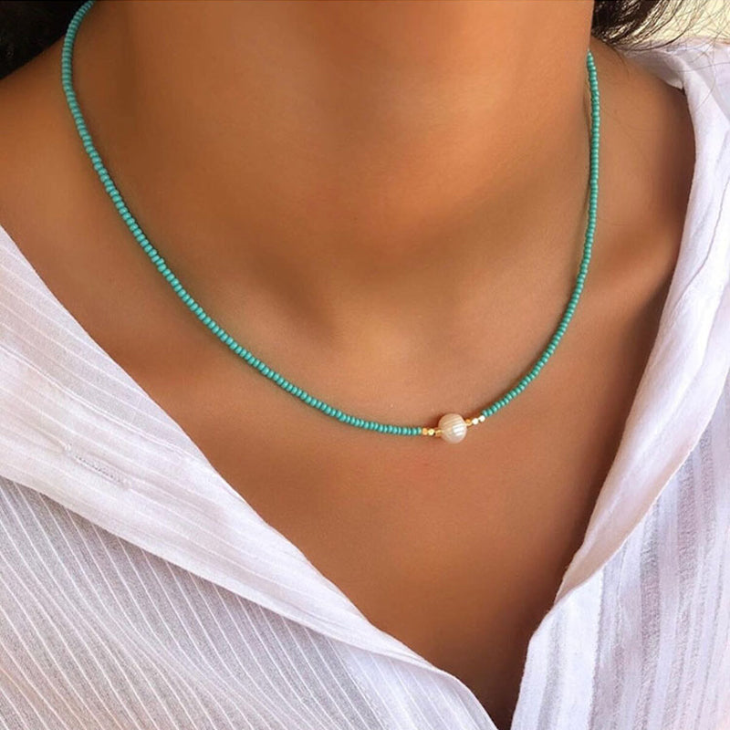 Freshwater Pearl Necklace with Colorful Rice Beads | Titanium Steel Chain for Everyday Wear | Five Color Options