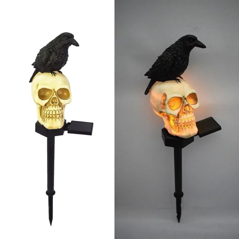 Solar Halloween Skull Stake Light | Warm White LED With 6 To 8 Hour Runtime | Waterproof Resin, Two Head Positions