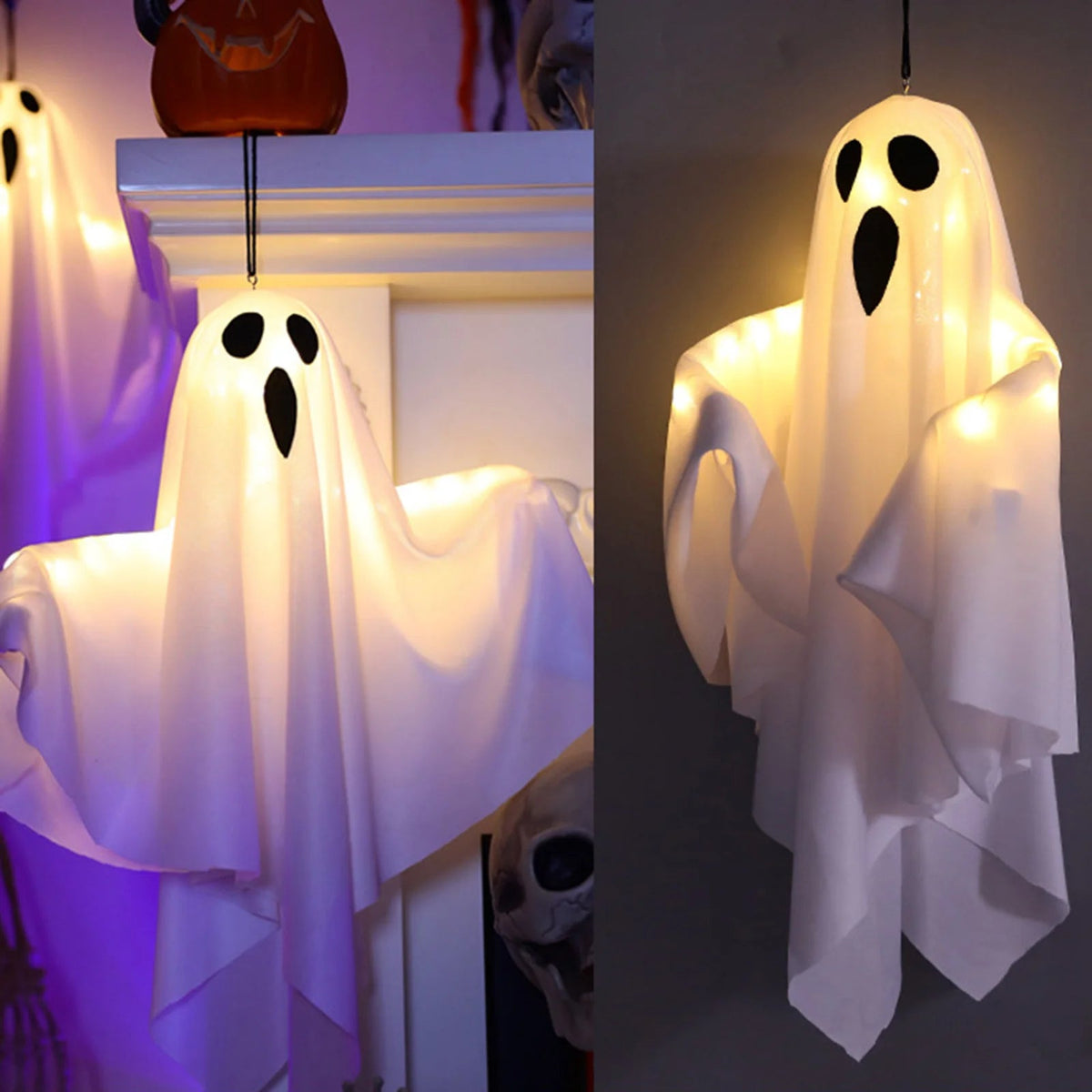 Hanging Halloween Ghost Decoration | 19.7 x 15.7 In PVC With 3 LED Light Modes | Battery Powered for Porch or Yard