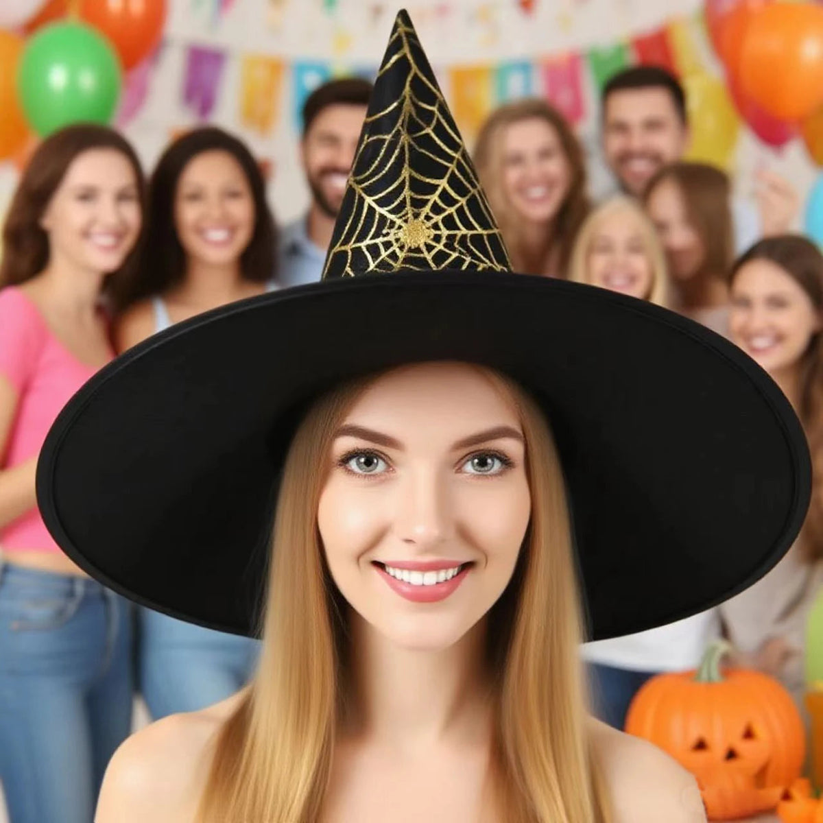 Spider web witch hat worn as part of a Halloween costume