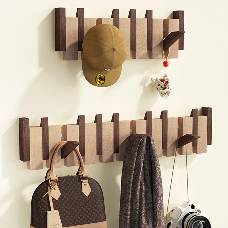 Wooden Coat Racks for Wall with Folding Hooks | Piano Key Design in Walnut or Beech for the Hallway and Entryway