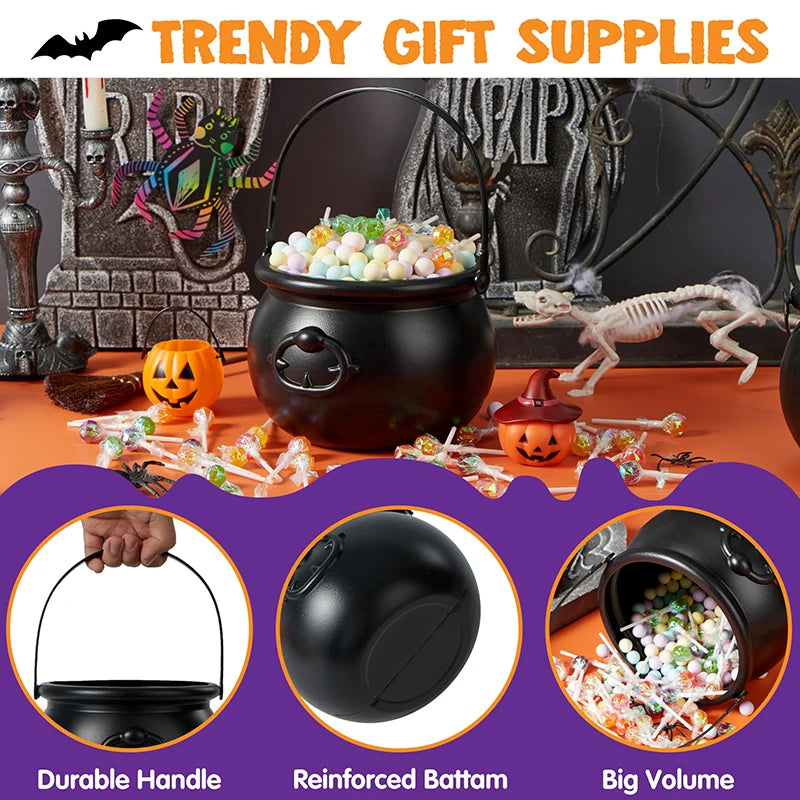 Witch cauldron candy bowl as a centerpiece in a Halloween display