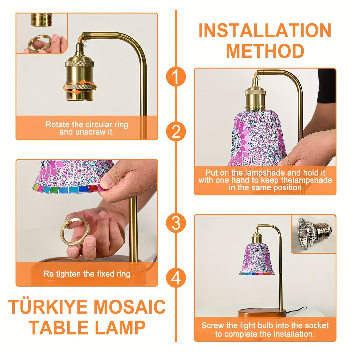 Included LED bulbs shown beside the mosaic candlelight lamp