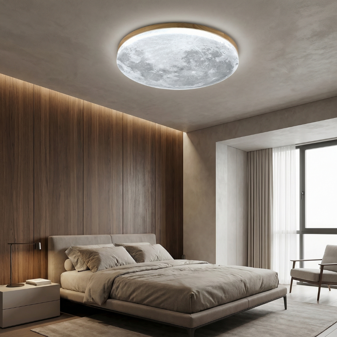 Moon Ceiling Light Flush Mount Wood Finish