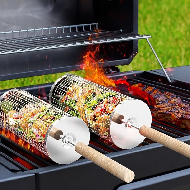 Stainless Steel Rolling Grill Basket with Detachable Handle | 304-Grade Steel | Even-Cook Rotating Design for BBQ