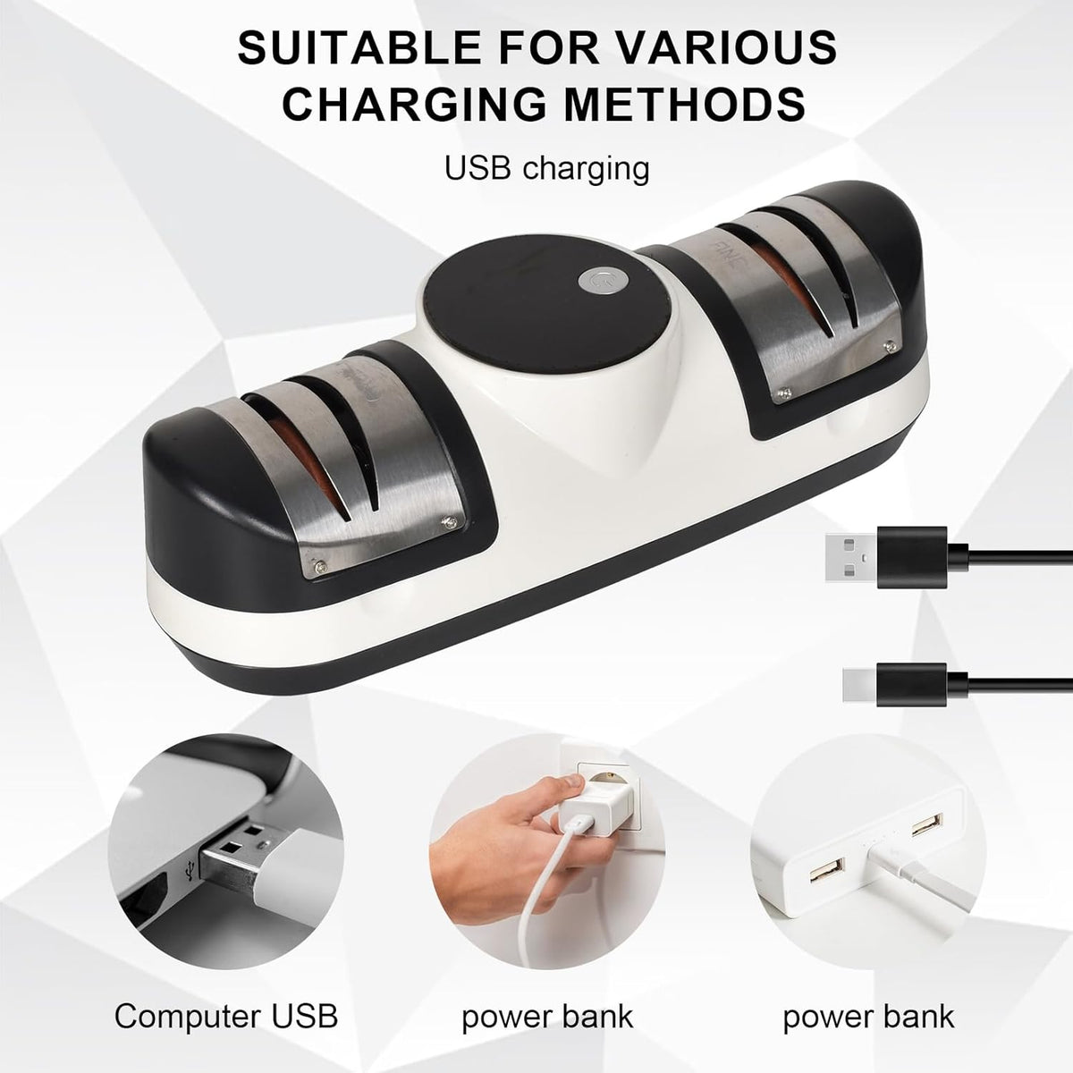Cordless Electric Knife Sharpener with Three Speeds | Guided Coarse and Fine Slots for Steel Blades | Up to 60 Minutes