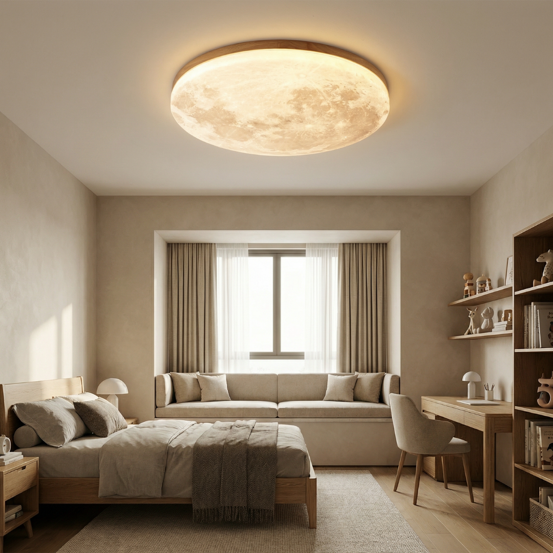 Moon Ceiling Light Flush Mount Wood Finish
