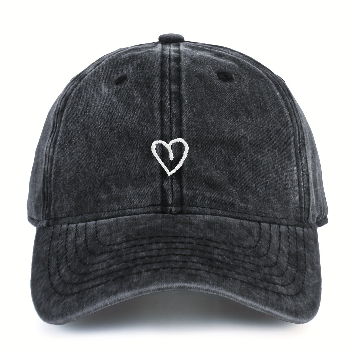 Washed Baseball Cap with an Embroidered Heart | Adjustable Buckle Strap, One Size | Eight Colors in Woven Polyester