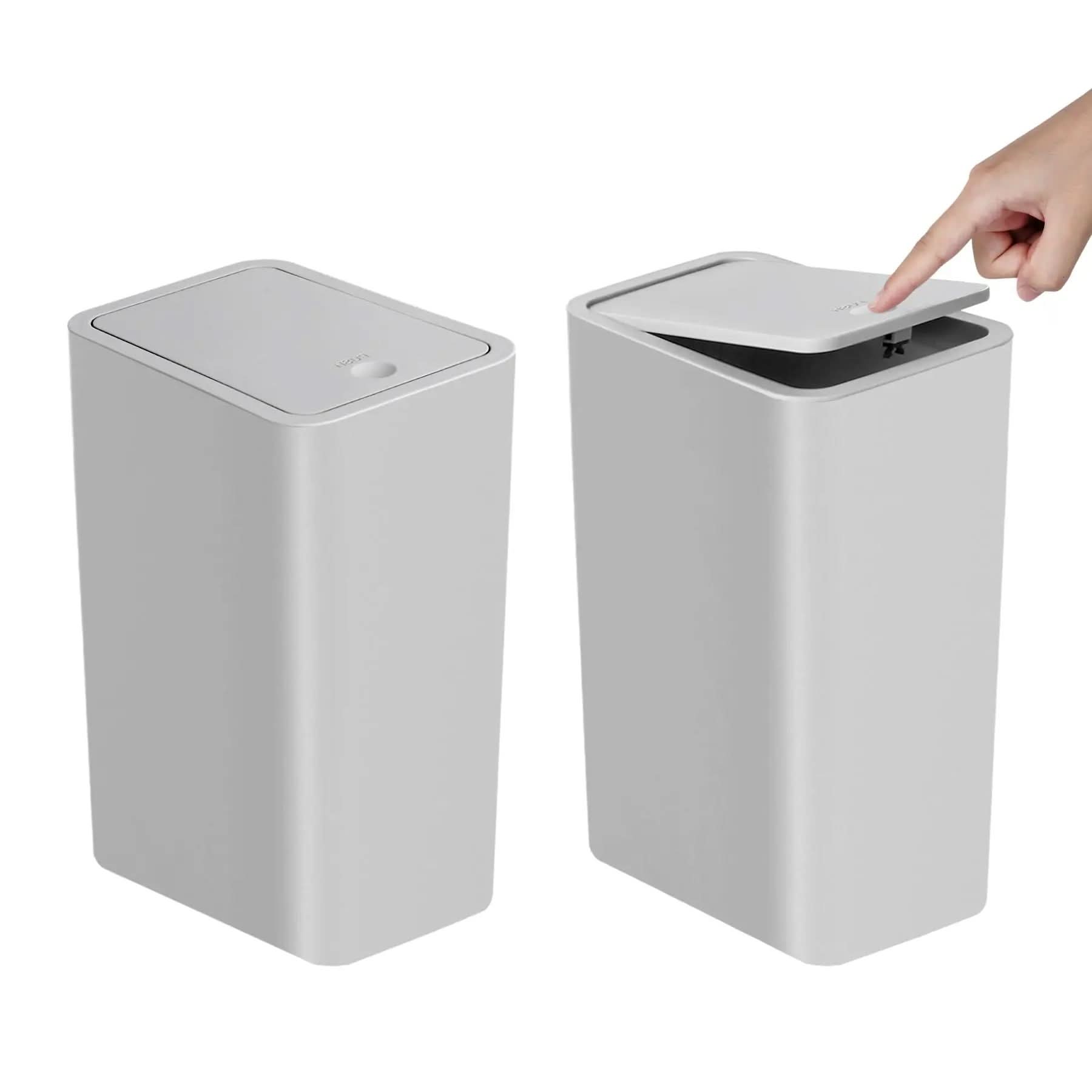 Slim Press-Top Trash Can 10L (2.6 Gal) | Durable ABS, 9.4 x 6.3 x 11.6 In | 1 or 2-Pack, 3 Colors | Odor-Sealing Lid for Any Room