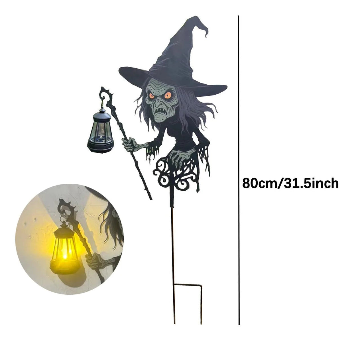 31.5 in LED lighted witch statue set up in a garden for Halloween