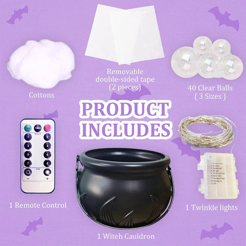 Cauldron kit contents including light string, cotton and clear balls