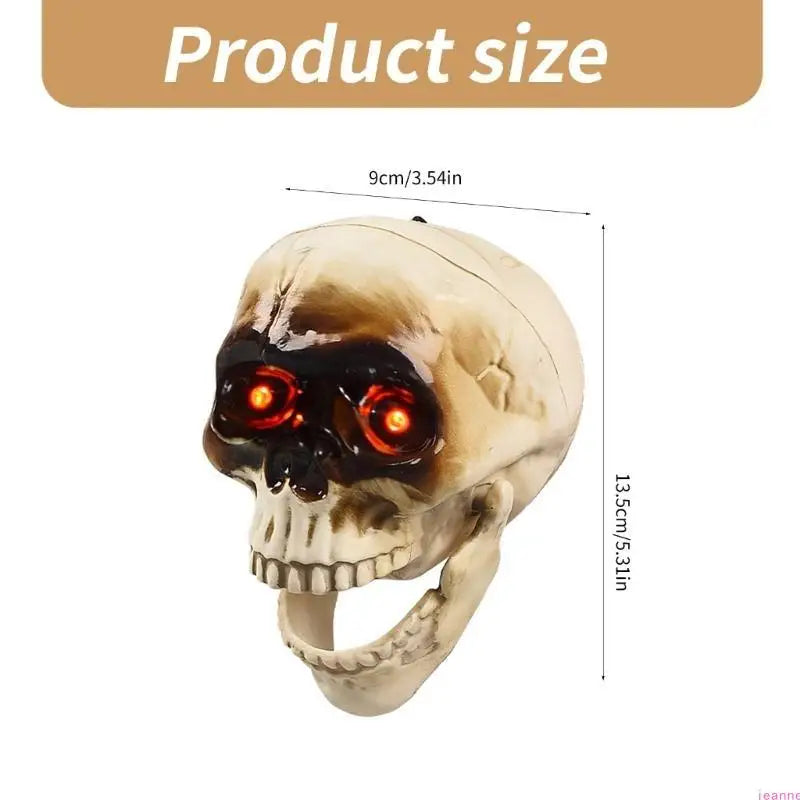 Halloween skeleton head prop lighting a dark wall display