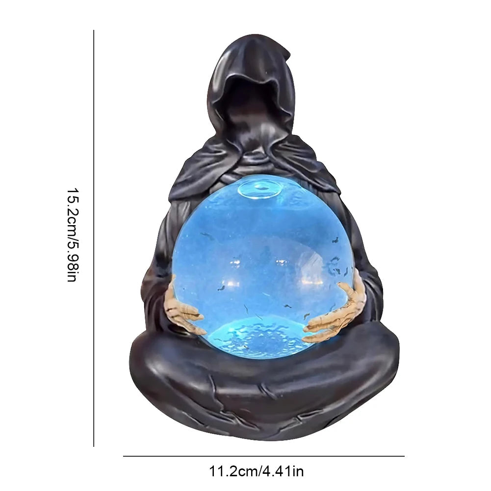 Grim Reaper Crystal Ball Light | 5.98 In Resin Figure With LED Orb And Floating Bats | USB Powered Gothic Decor