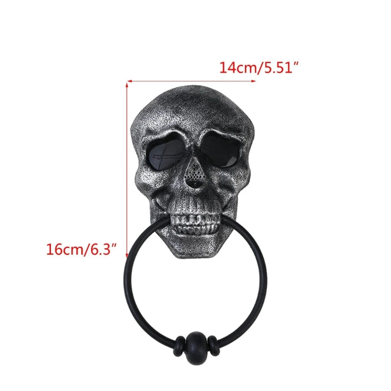 Skeleton door knocker shown with its size on a porch wall