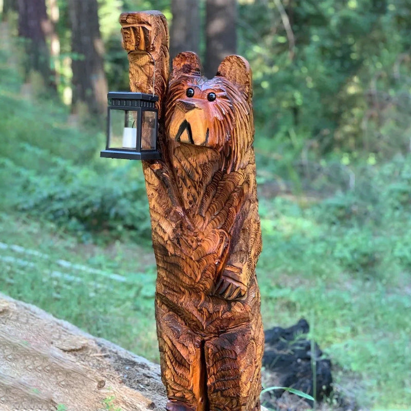 Carved Bear Garden Statue with Solar Lantern | Resin Figure That Flickers Like a Real Candle at Dusk | 20 cm Tall