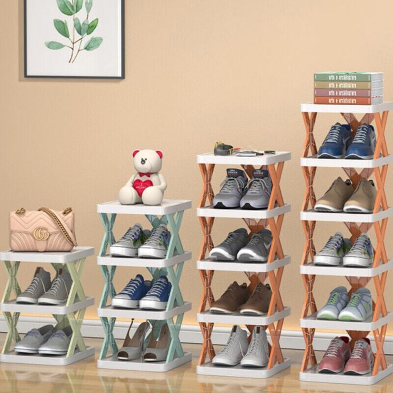 Shoe Rack with Three to Eight Vertical Tiers for Narrow Halls | Side Guards and a Top Shelf | Waterproof PP in Orange, Blue or Green