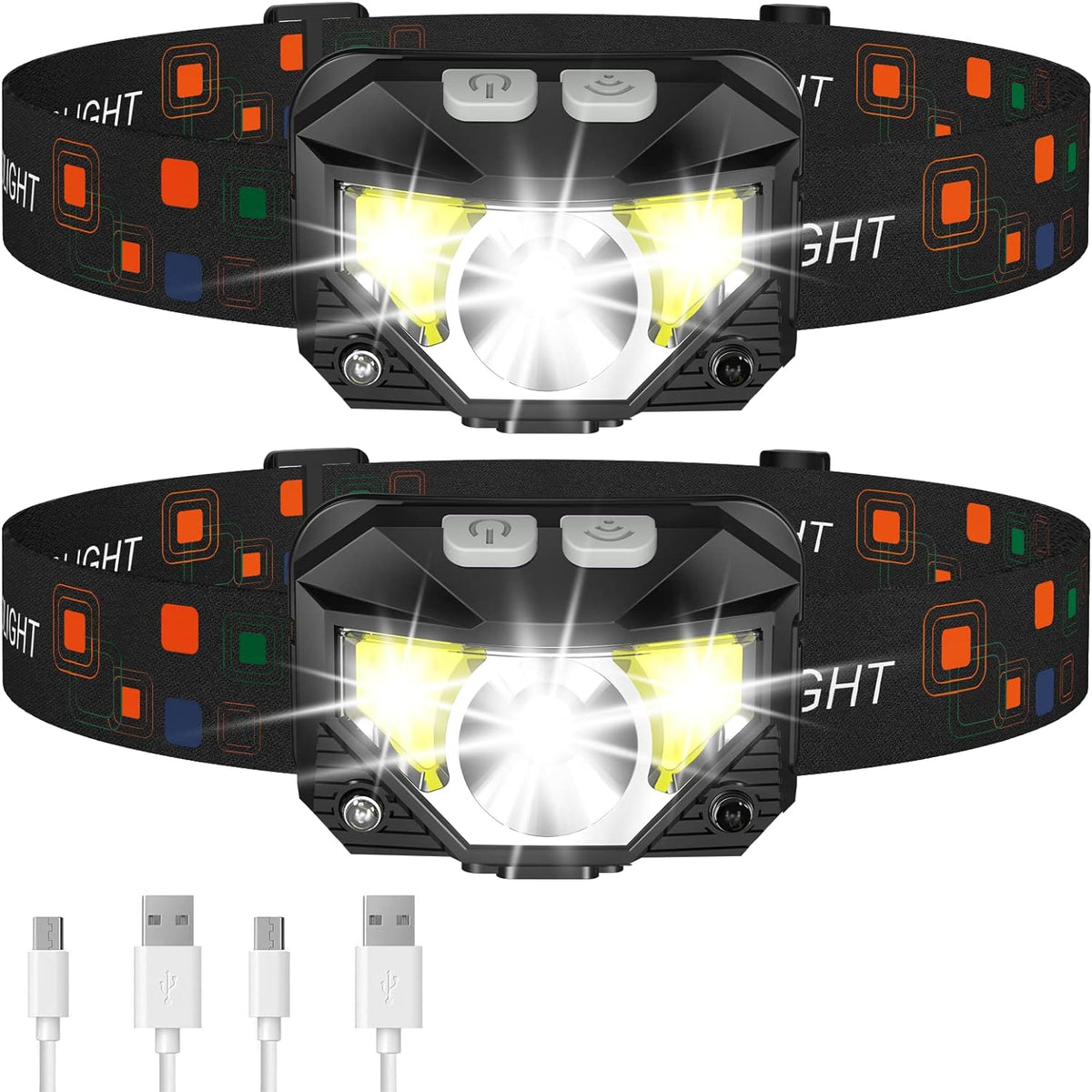 LED Headlamp 2 Pack, Rechargeable Flashlight with Motion Sensor | 1200 Lumens and 8 Light Modes | IPX4, 60 Degree Tilt