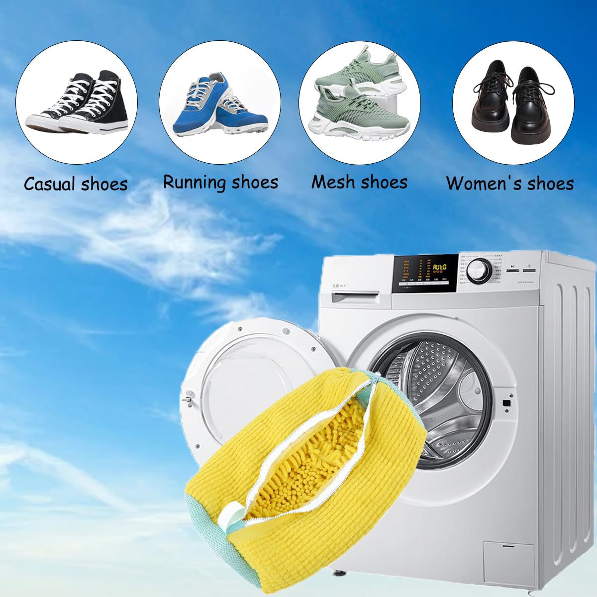 Shoe Storage and Wash Bag, 2 Pack with Adjustable Trees | Chenille Microfiber Pouch for the Washing Machine | Zip Close