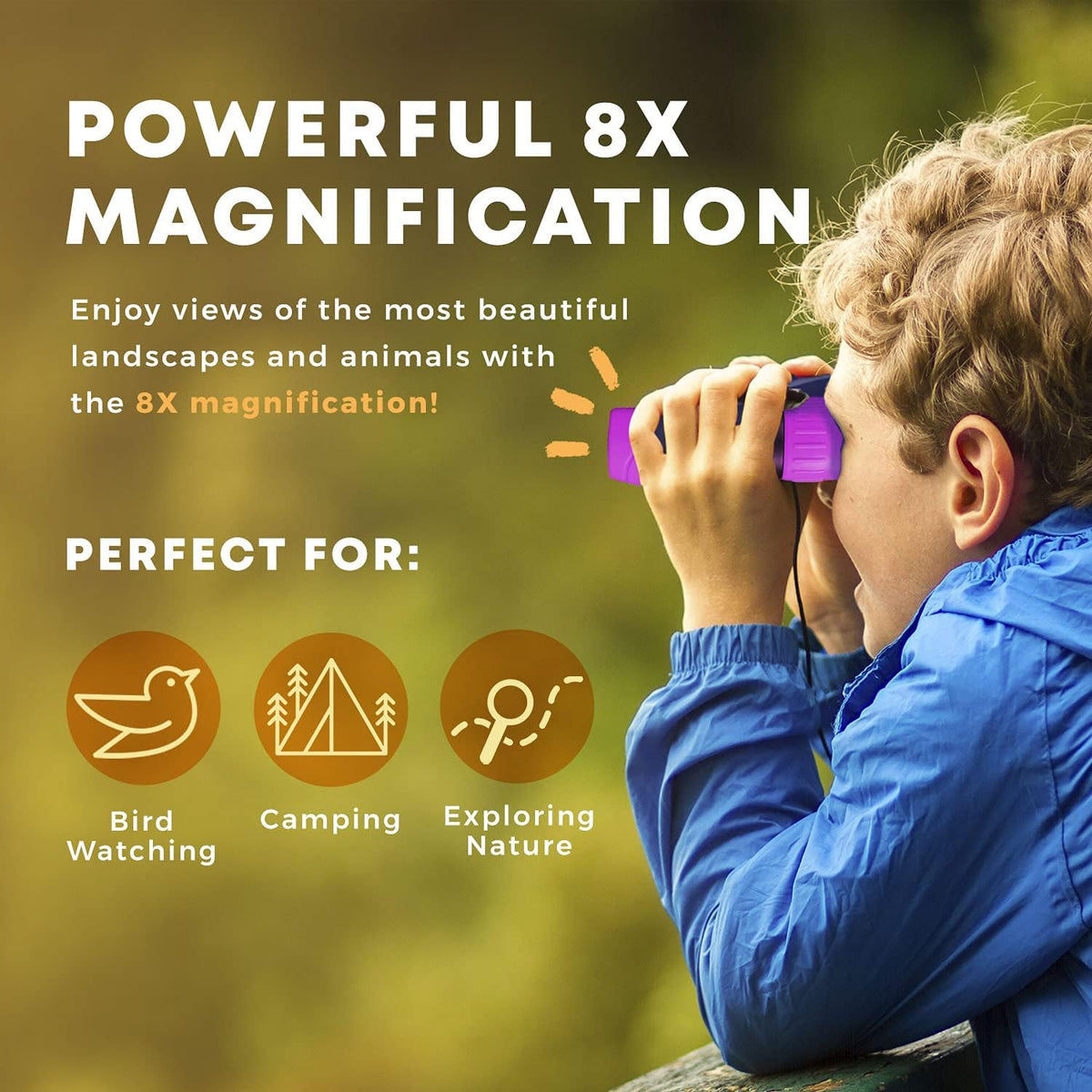 Kids Binoculars 8x21 with Compass and Magnifying Glass | Shockproof Rubber Grip, Central Focus Wheel | 3 Colors