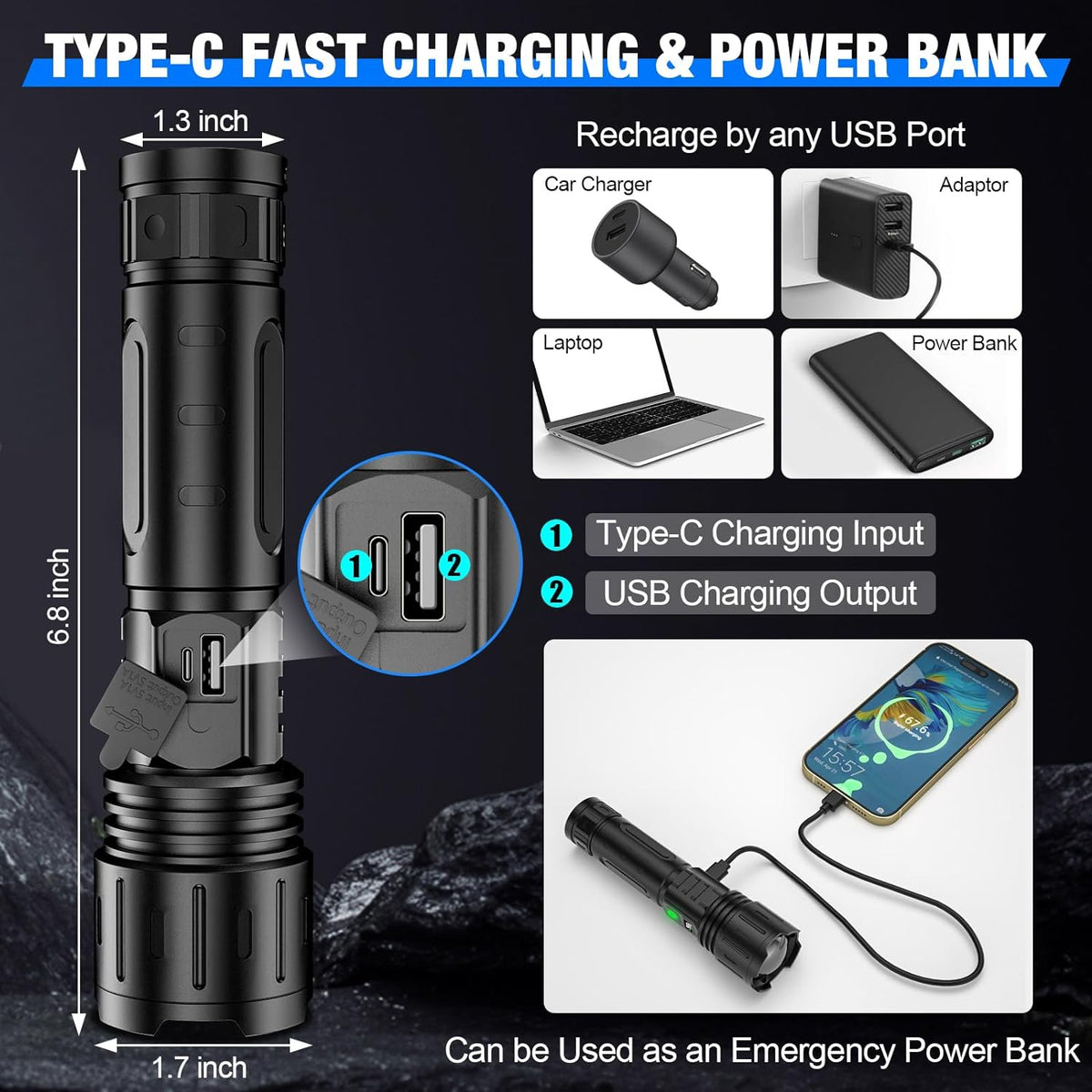Rechargeable Flashlight with a 5000 mAh Cell and USB C Port | Zoomable Beam, Five Light Modes, LCD Charge Display | IPX5 Rated