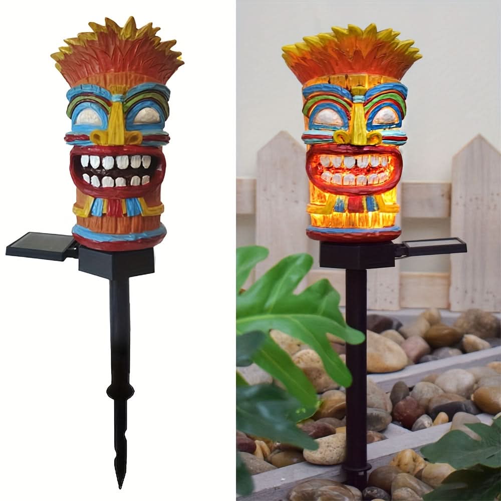 Solar Tiki Totem LED Garden Stake Light 17.9 In | Warm Glow, Light-Sensor Auto On | Tropical Patio & Party Decor