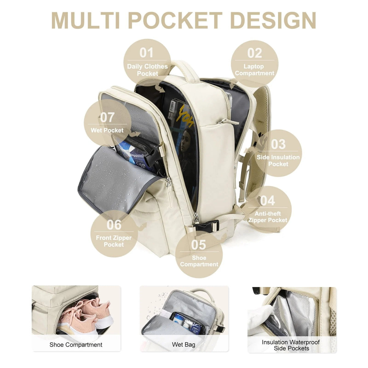 35L Travel Backpack for Women | Water Repellent Nylon with Shoe Pocket and Laptop Sleeve | Carry On Size