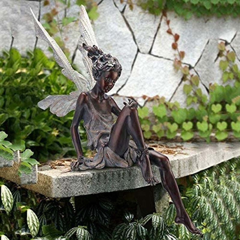 Sitting Fairy Statue with Detailed Wings | Resin Garden Ornaments for a Wall, Ledge or Table Edge | Two Finishes, No Fixings