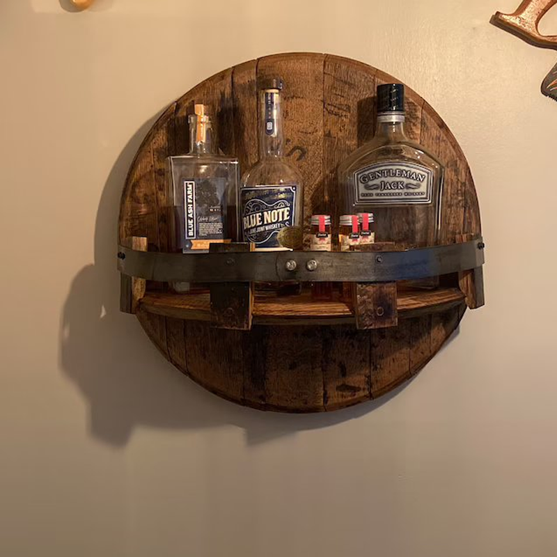 Whiskey Barrel Round Shelves for Wall Mounting | Rustic Solid Wood Bottle and Glass Display | Home Bar Storage