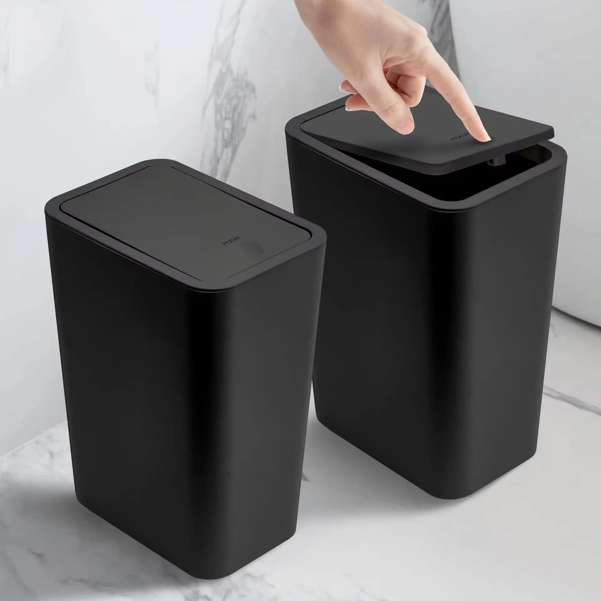 Slim Press-Top Trash Can 10L (2.6 Gal) | Durable ABS, 9.4 x 6.3 x 11.6 In | 1 or 2-Pack, 3 Colors | Odor-Sealing Lid for Any Room