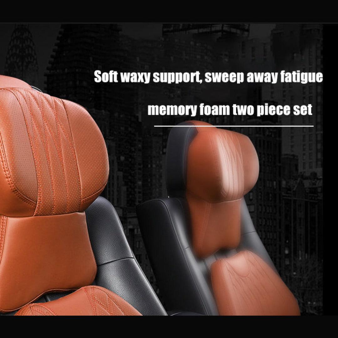 Car Neck Pillow with a Memory Foam Core | Quilted Leather Cover That Straps onto Any Headrest | Extra Support on Long Drives
