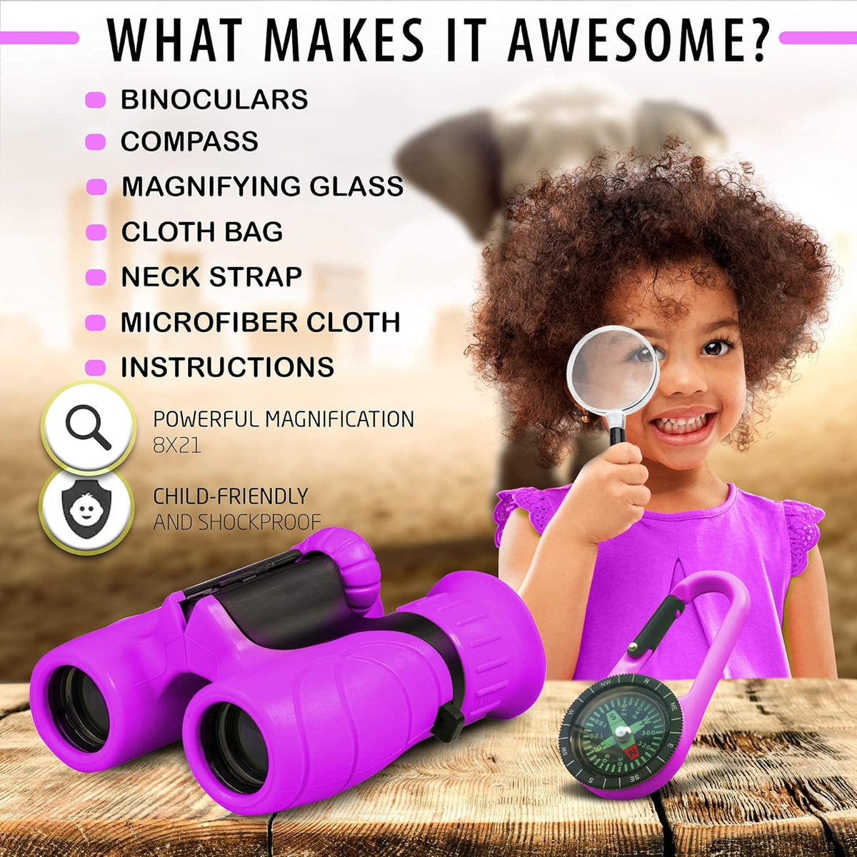 Kids Binoculars 8x21 with Compass and Magnifying Glass | Shockproof Rubber Grip, Central Focus Wheel | 3 Colors