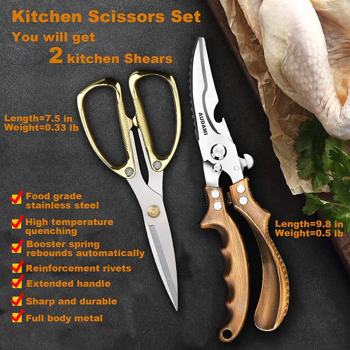 Poultry and Meat Shears 2 Pack | Kitchen Tool Set Stainless Steel with Micro Serrated Blades | Dishwasher Safe, Bottle Opener Back