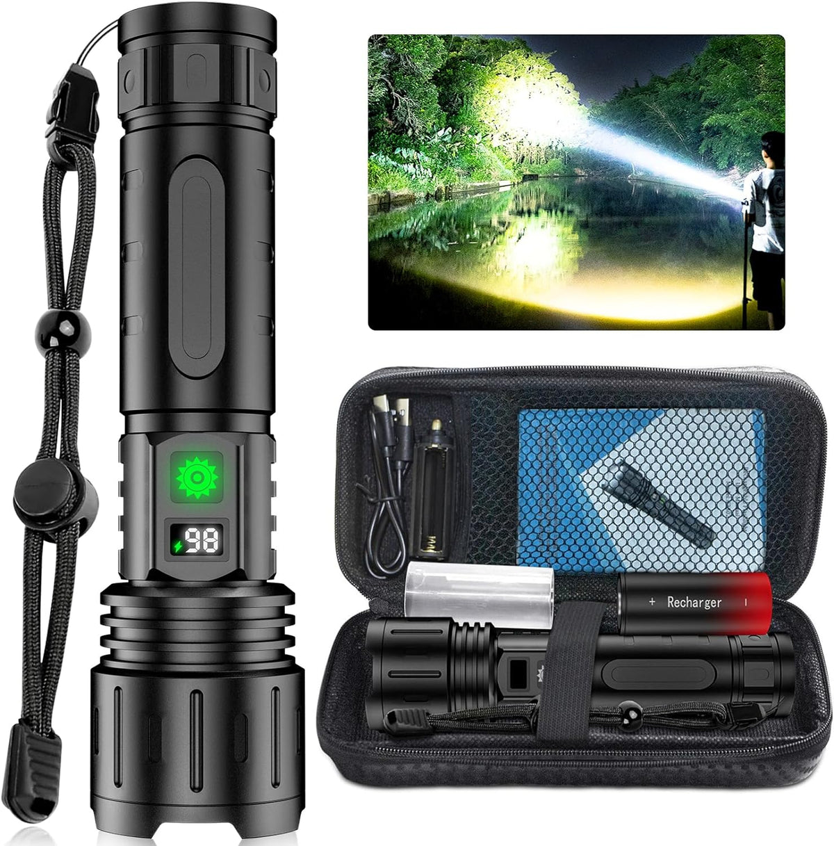 Rechargeable Flashlight with a 5000 mAh Cell and USB C Port | Zoomable Beam, Five Light Modes, LCD Charge Display | IPX5 Rated