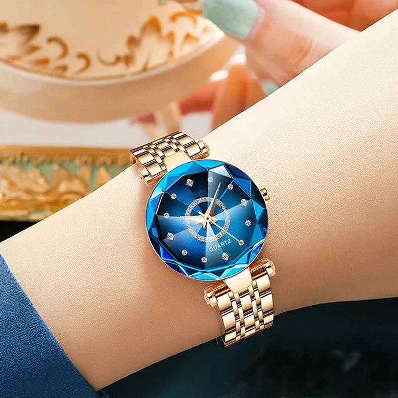 Quartz Wristwatch for Ladies with Starry Simulated Diamond Dial | Stainless Steel Case and Bracelet | 4 Colors