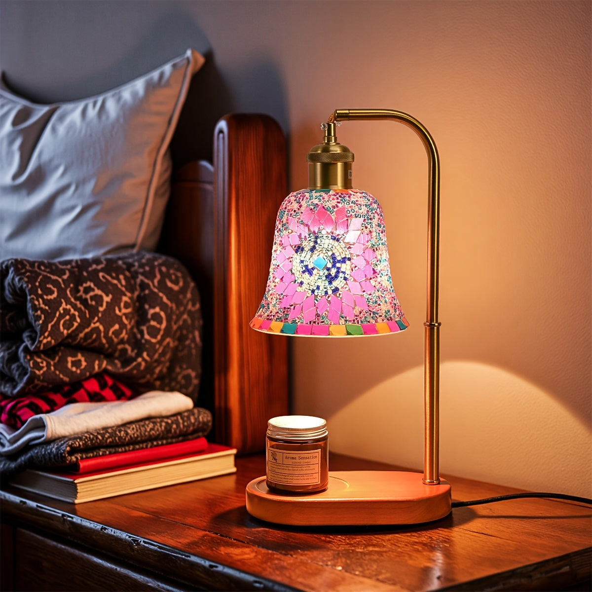 Close view of the colored mosaic glass shade pattern